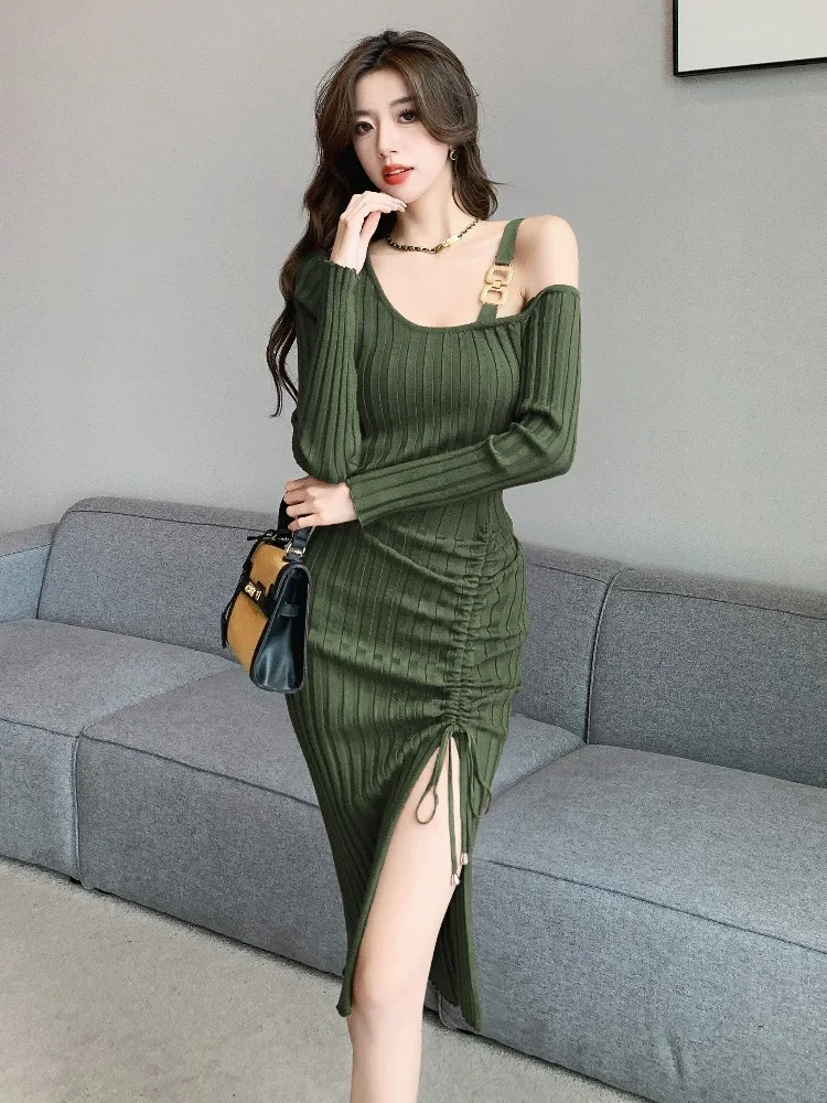 Dames Paars Breittet Chic Single Sling Sexy Clubjurk Herfst Winter Elegante Chique Prom Kleding 2024 Koreaanse Bodycon Feestjurk