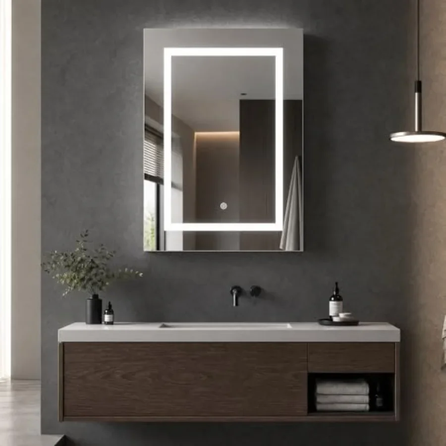 Bathroom medicine cabinet with LED lighted mirror, 20''x28'', aluminum frame, white finish, energy-efficient illumination and f