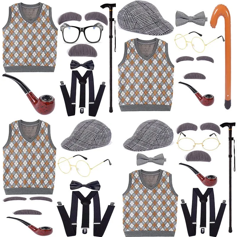 

Halloween Elderly Costume Props Performance Vest Set Fake Beard Elderly Outfit Children Adults Dress up Party Supplies
