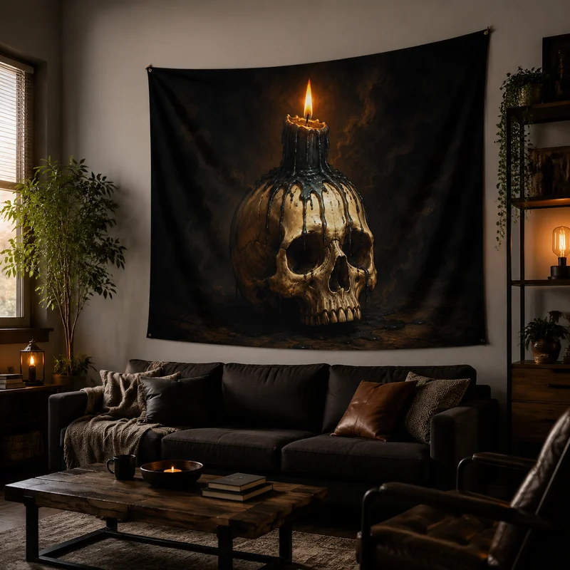 VIKAMA Vintage Skull Candle Tapestry, Gothic-Style Wall Hanging Decoration, Dark Aesthetic Home Decor