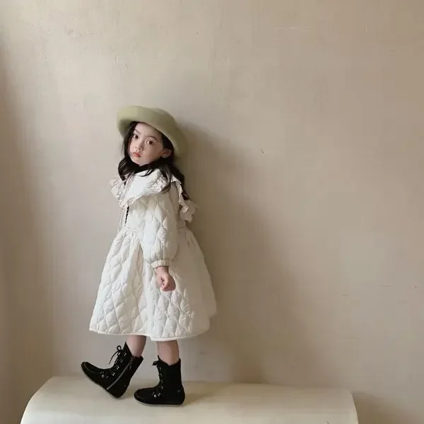 Girls Casual Dresses Korean Childrens Clothing Winter Season New Thickening Turn Dowm Collar Cotton Princess Style Soild Warm