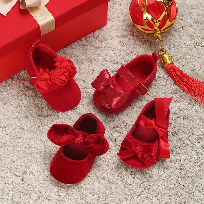 Red Festive Baby Princess Shoes 0-1 Year Old Girl Baby Cloth Sole Walking Shoes With Bow Tie Mary Jane Single Shoes