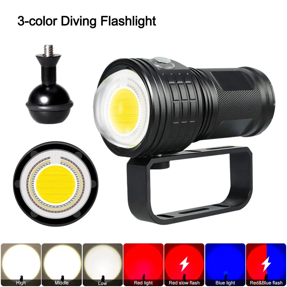 Multi-functional 3-color diving flashlight 80m underwater photography LED light IPX8 COB flashlight