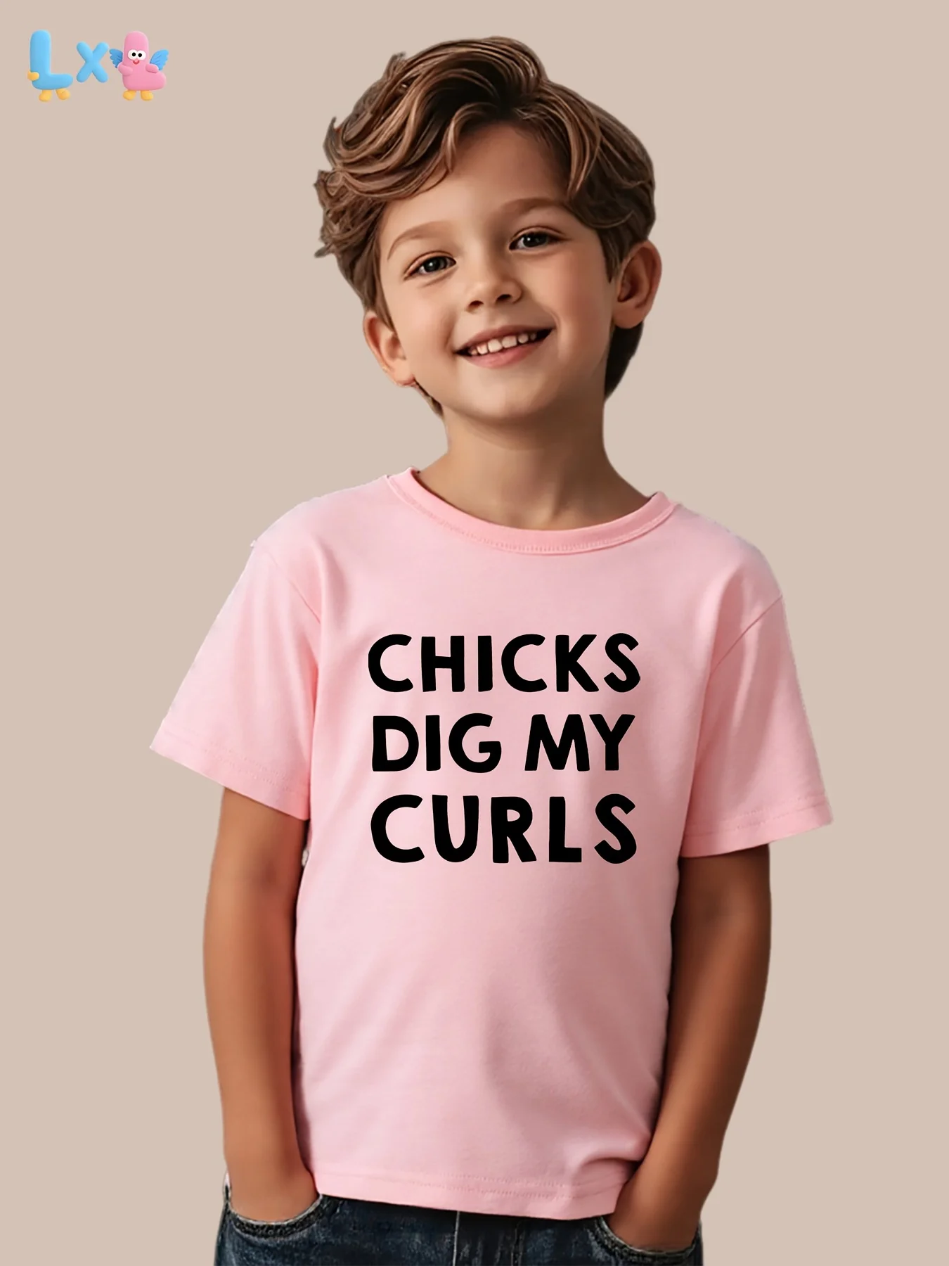 Fun “CHIS DIG MY CURLS” graphic letter print, stylish and eye‑catching for boys