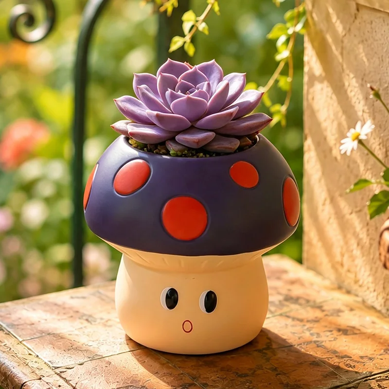 Maceta de resina con diseño de hongo de dibujos animados, para suculentas, mini maceta para cactus, decoración para escritorio, ventana, balcón, hogar, un bonito regalo para amantes de las plantas.