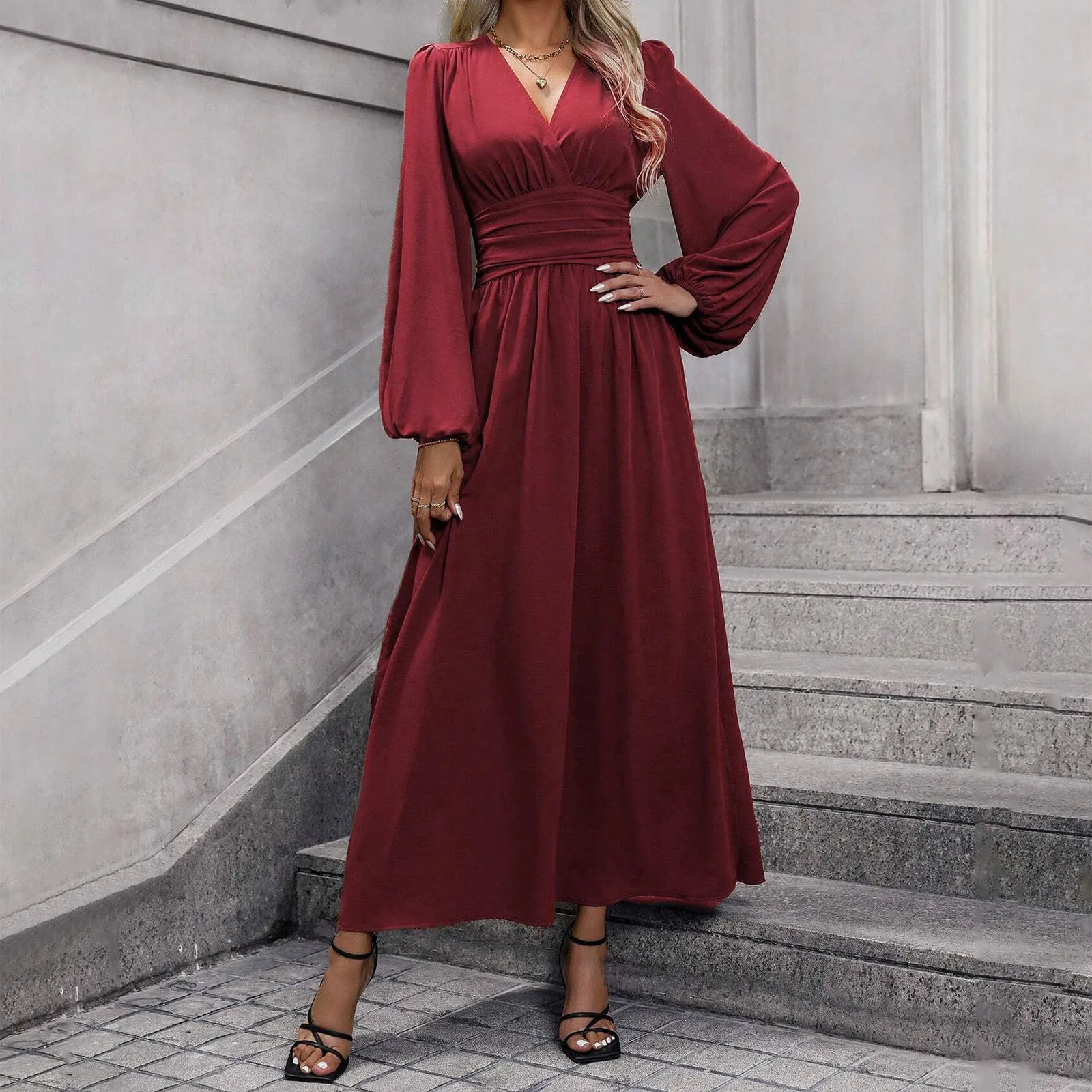 Pleated Elegant Dress Female Solid V Neck Clothing Luxury Dinner Evening Long Robe 2024 Spring Women Party Dress Vestidos 2024