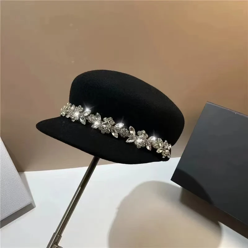 202406-16 ins chic winter wool felt luxury large shiny rhinestone flowers chain lady Octagonal hat women visors cap