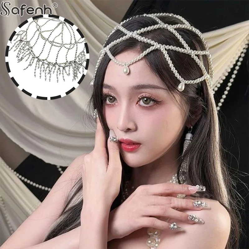 

1 шт., модные сетчатые аксессуары для волос, тканая шляпа ручной работы, жемчужная шляпа, цепочка, свадебное украшение на голову, модная цепочка для волос с кисточкой