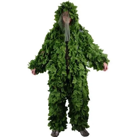 Woodland Camouflage Ghillie Suits Breathable Mesh+Green Leaf Hunter Bionic Clothes for Forest Hunting Airsotf Tactical Suit set