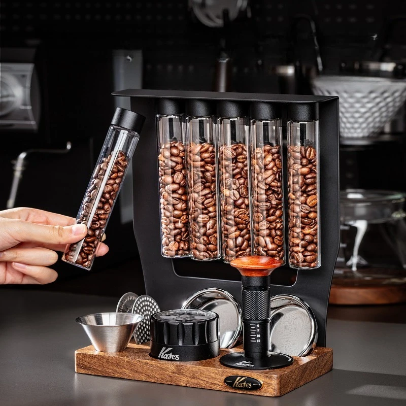 JUSTINLAU Magnetic Glass Test Tube Coffee Bean Storage Rack Wood Base 6 Tubes Espresso Tool Holder Coffee Bar Kitchen Organizer