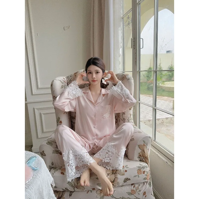 Elegant White Lace Pajamas 2Pcs Set Silky Satin Women's Sleepwear Long Sleeve Trouser Pijamas Suit Spring Autumn New Homewear