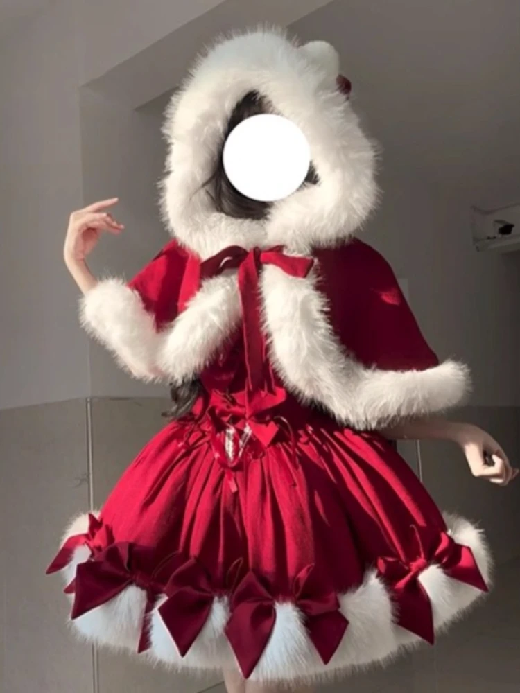 

Japanese Sweet Lolita Red Dress Set Women Design Cute Short Hooded Cloak + Bow Dress Fashion Kawaii Christmas Lolita Outfits New