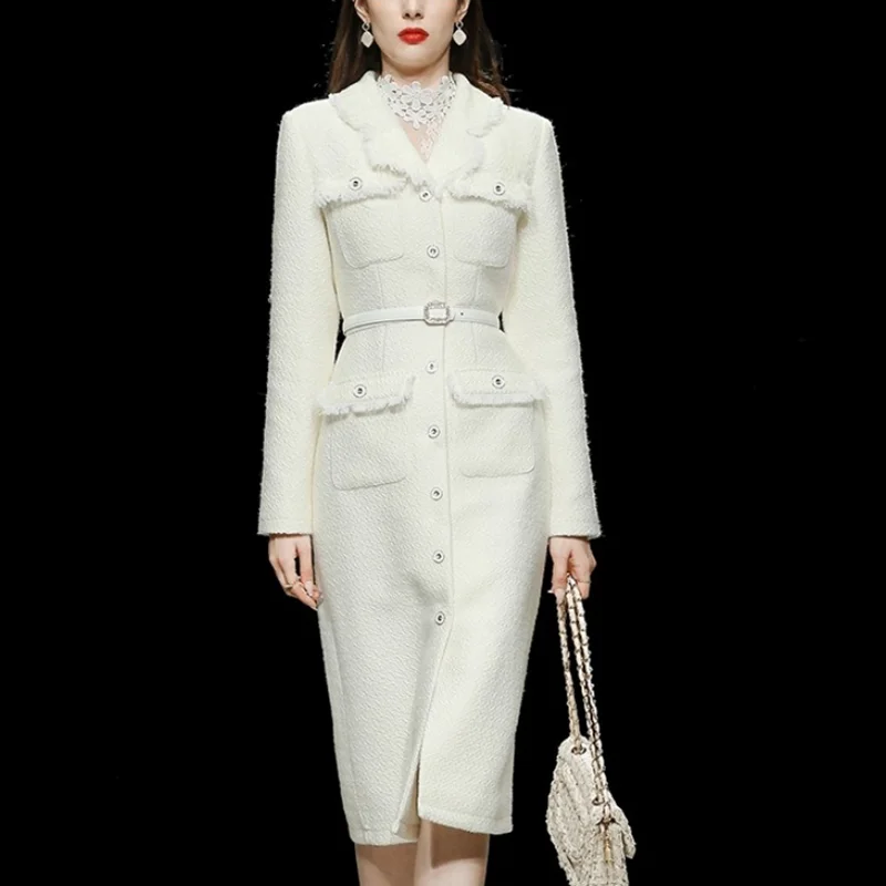 

Fashion coat women's slim white tweed long woolen coat