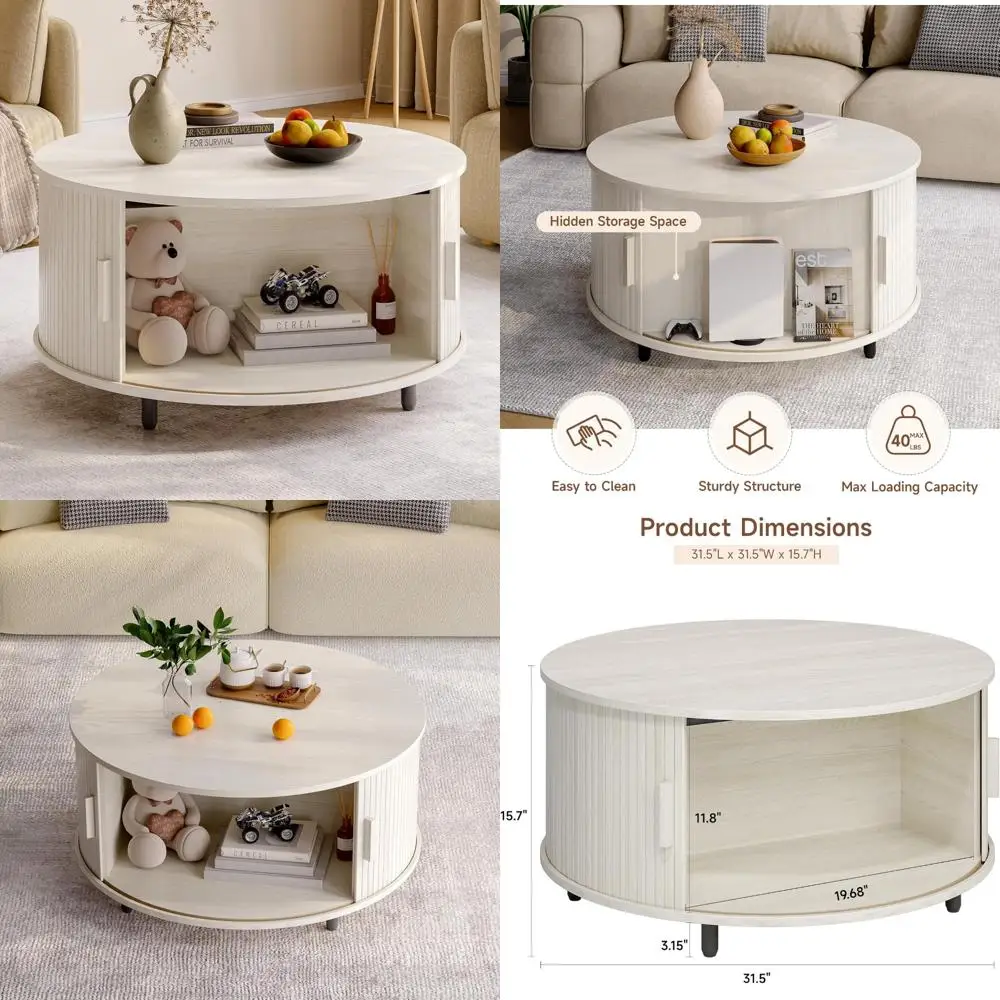 Mesa de centro redonda moderna de 31,5 con diseño de madera estriada y 360 °   Solución de almacenamiento para puertas correderas