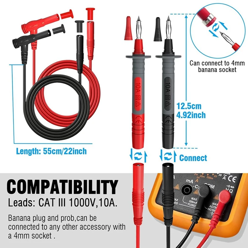 25 PCS Multimeter Test Leads Kit, As Shown Plastic With Replaceable Alligator Clips,Wire Piercing Probes, Alligator Clips