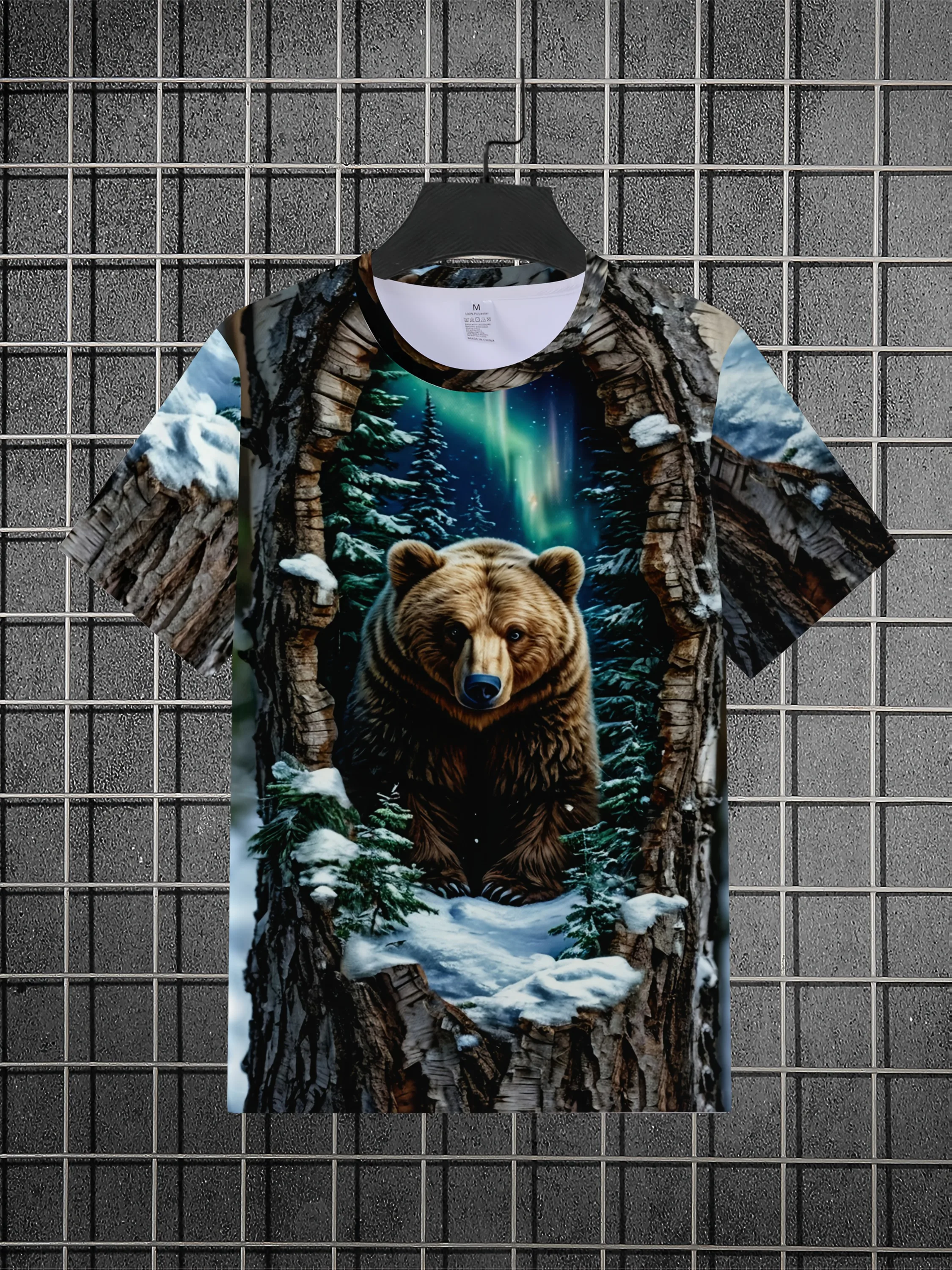 Men's Brown Bear Aurora T-Shirt 3D Forest Tree Hole Print Crew Neck Short Sleeve Casual Nature Top