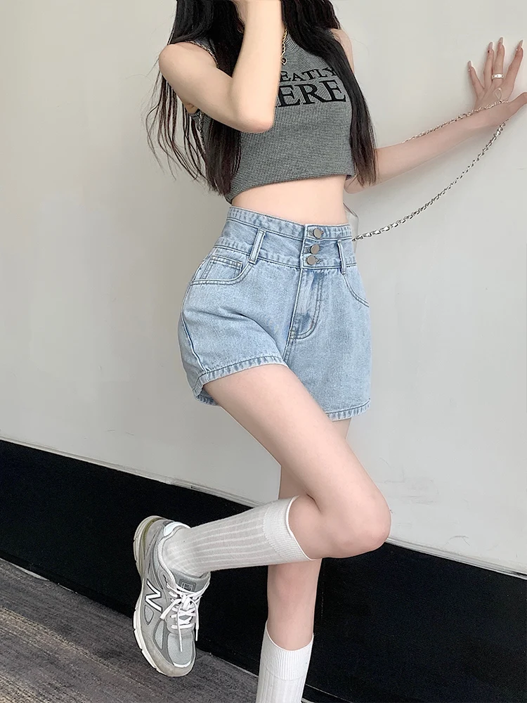 Dżinsowe szorty damskie z wysokim stanem, luźny krój, letnie 2024, wyszczuplające, w kształcie litery A, z szerokimi nogawkami, modne szorty dżinsowe.