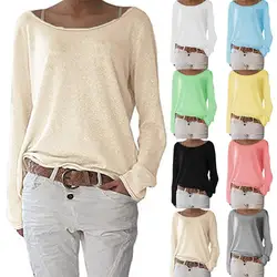 Women Knitted T-shirt Solid Color Round Neck Long Sleeved Knitted Bottoming Top Thin Spring Summer Sweater Casual Loose Blouse