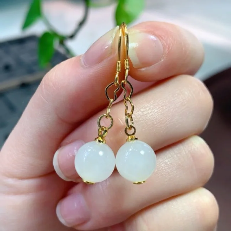 Hetian Sheep Fat 925 Silver Gold Inlaid Jade Earrings Fashion Versatile