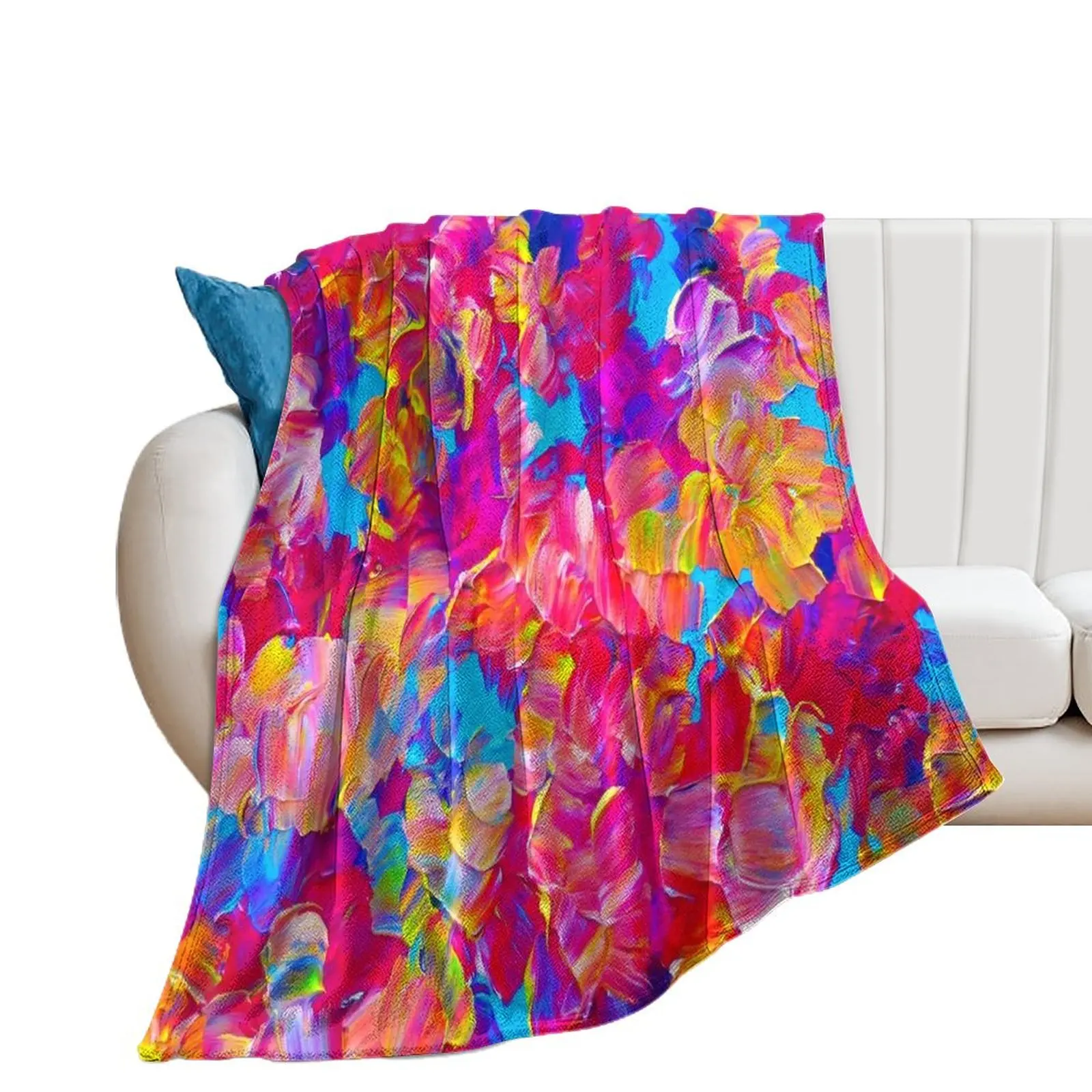 FLORAL FANTASY Bold Abstract Flowers Acrylic Textural Painting Neon Pink Turquoise Feminine Art Throw Blanket Shaggy Blankets