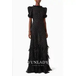 YUNLAN Gorgeous Black Lady Chiffon Evening Dress Sexy Short Sleeve Tulle Perspective Sense Long Dress 2024 Dubai Ball Gown