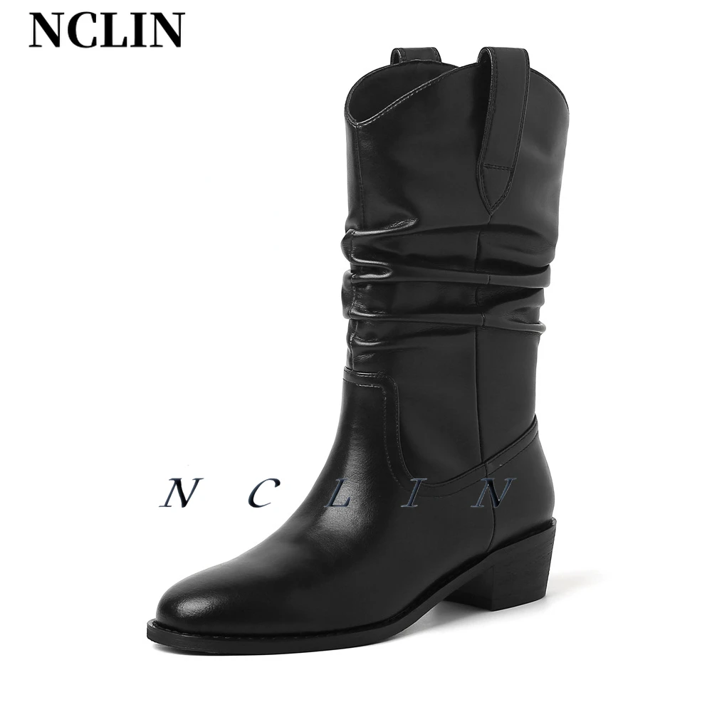 

NCLIN Retro Women Leather Mid-calf Boots Sexy Round Toe Western Cowboy boots Warm Sexy Autumn Winter High Boots Shoes Woman