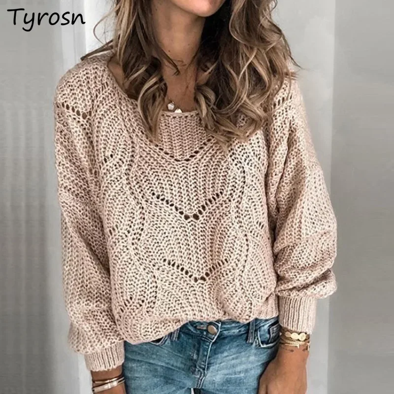 

Hollow Out Sweaters Solid Pullovers Women Casual O-neck Knitted Soft Stretchy Mature European Style Classic Daily Jumper Mujer