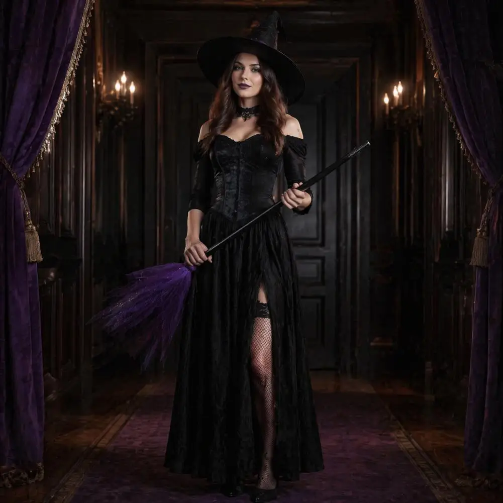 Kid Adult Performance Props Halloween Witch Broom Prop with Detachable Mesh Crooked Ruched Hat Costume Haunted House for Kids