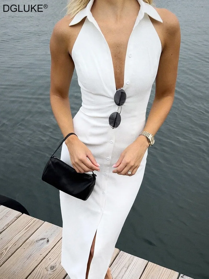 

DGLUKE Button Up Sleeveless Bodycon Dress Woman Off Shoulder Long Dress Elegant Office Dress White Black