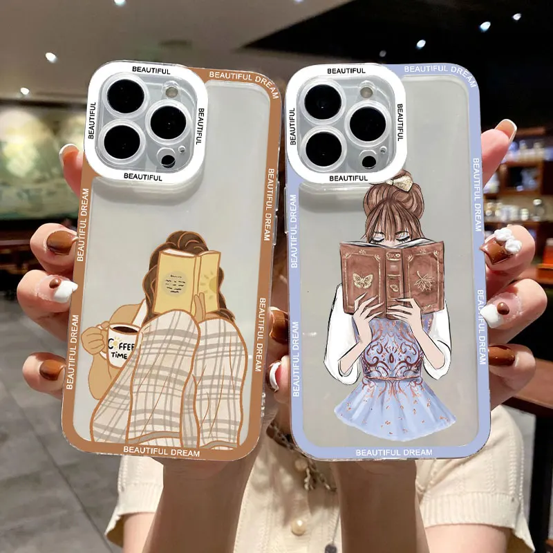 Lesen Sie Buch und Kaffee Mädchen klare Telefon hülle niedliche Abdeckung für iPhone x xs xr 13 14 12 11 pro max 7 8 plus se2 transparente Rückseite