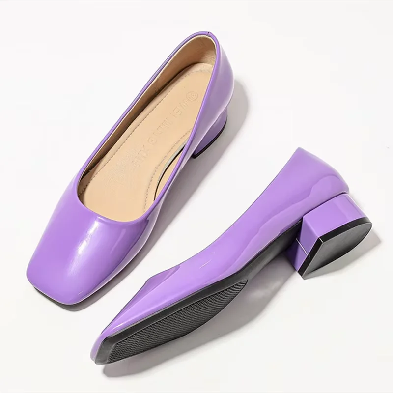 Women Luxury Designer Pumps Null Square Toe Wide Fitting Dress Shoes Shiny Leather Green Purple Slip-On 33-45 Small & Big Feet