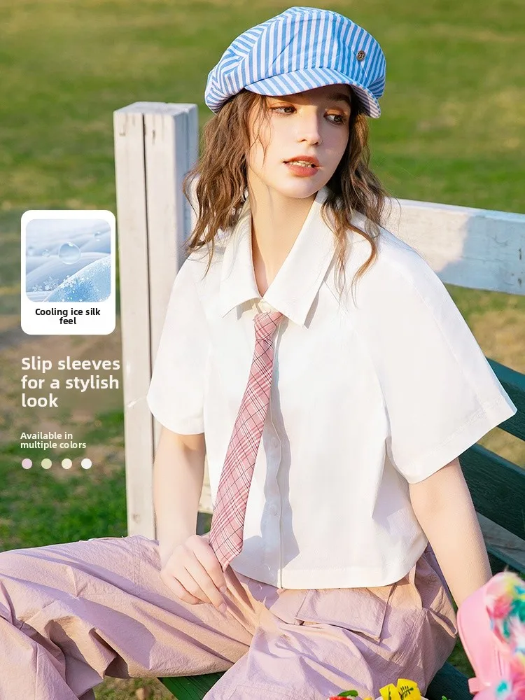

White Short Sleeve Shirt Women's Summer Cool Feeling Outerwear Short Top SNOW FLYING Casual Loose Fit Ice Silk Printed