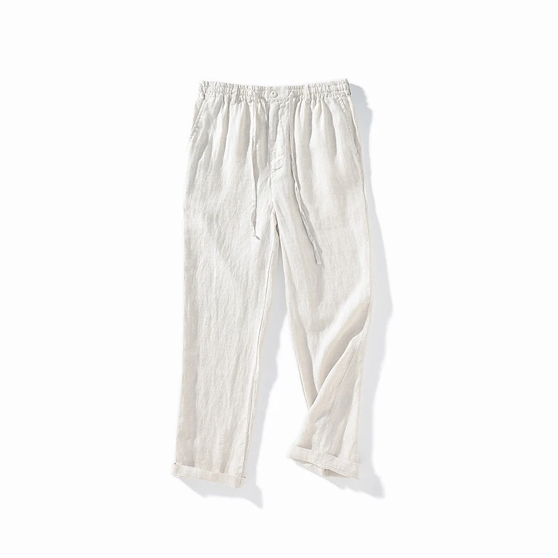 Calça de linho japonesa casual juvenil masculina solta, calça respirável, elástico na cintura, fina, verão