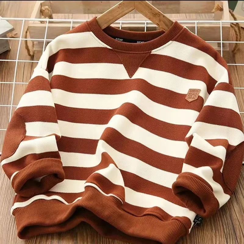 

Boy's Hoody Spring And Autumn 2023 New Medium Large Children Mixed Color Stripe Patch Casual Childrens Wear Long Sleeve 2024 New