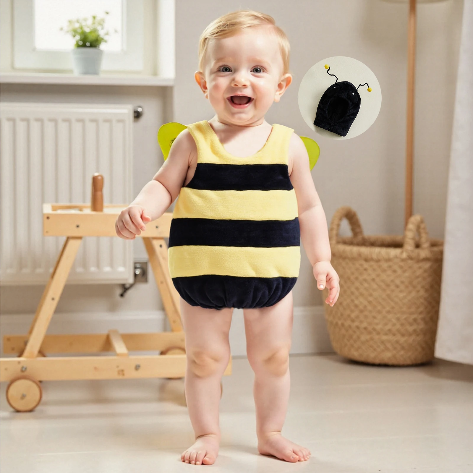 

Toddler Bee Costumes Deluxe Sleeveless Jumpsuit with Hood Wings Set for Halloween Party