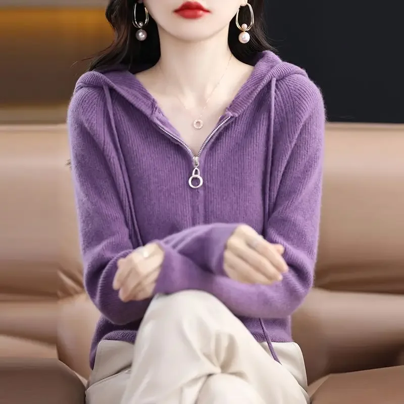 Fashion Woman Blouses 2023 Knitted Hooded Long Sleeve Commuter Vintage Casual All-match Solid Color Zipper Sweaters Cardigan