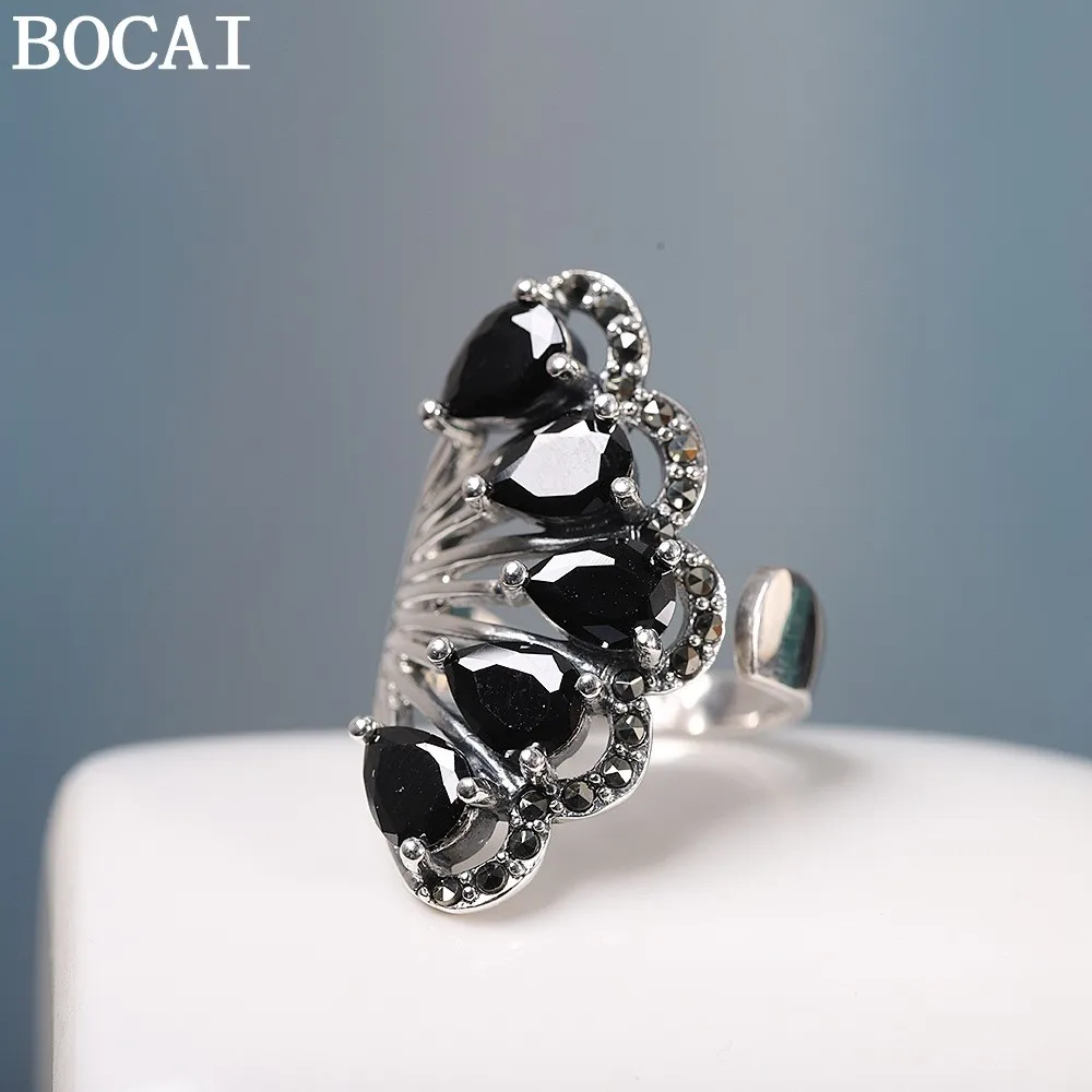 

Новое кольцо BOCAI из серебра S925 пробы в простом ретро-стиле с инкрустацией цирконами, в форме хвоста феникса и капли воды, женское, с открытым концом