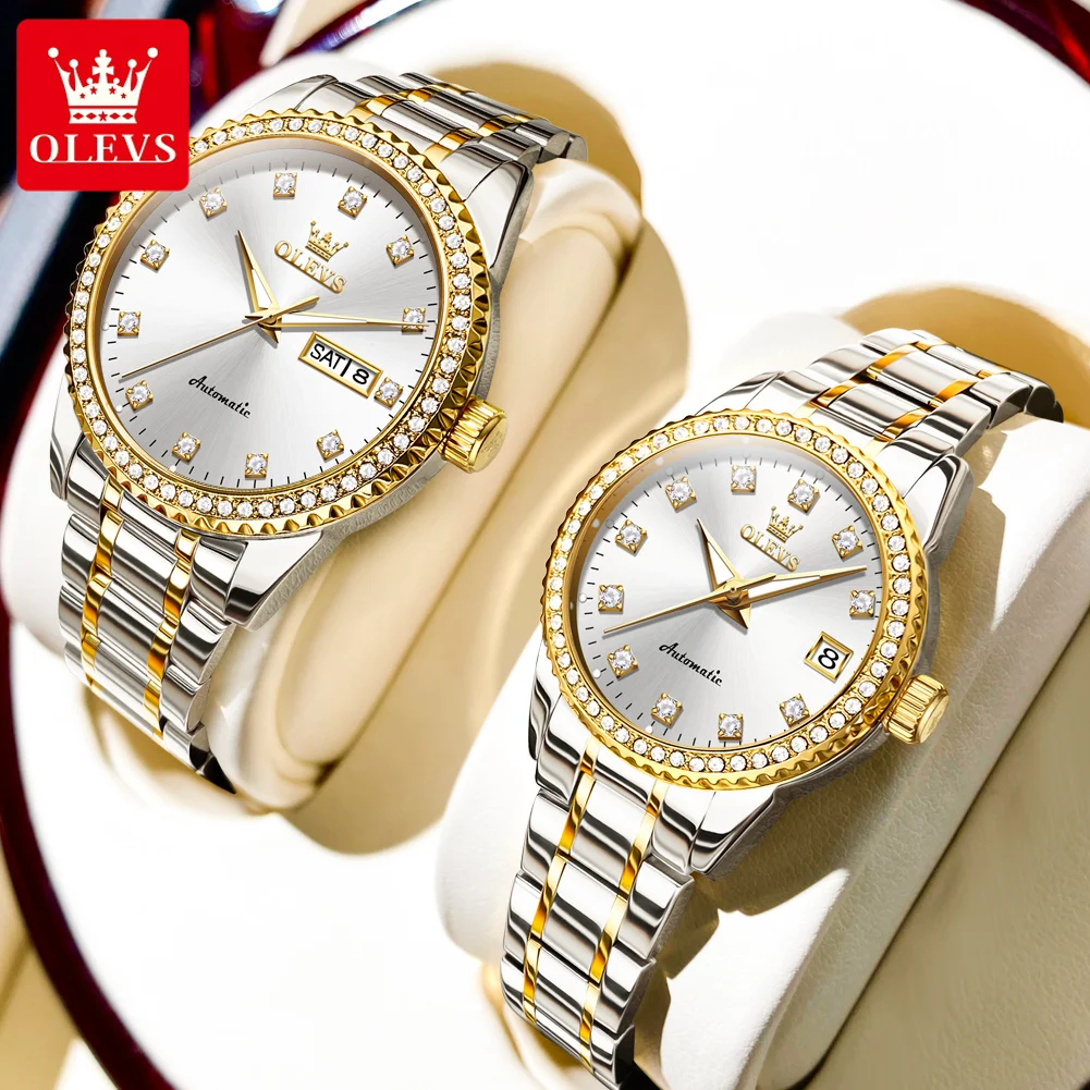 OLEVS Automatic Watch for Couple Luxury Diamond Gold Wristwatch Stainless steel Mechanical Self-Winding His and Hers Watches Set