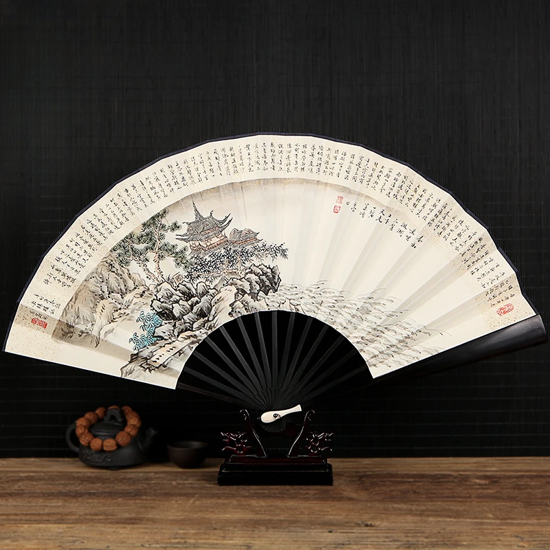 

Folding Fan Chinese Style Hand-Painted Flower Arrangement Yueyang Building Calligraphy Ancient Style Ebony Bamboo Core Painting