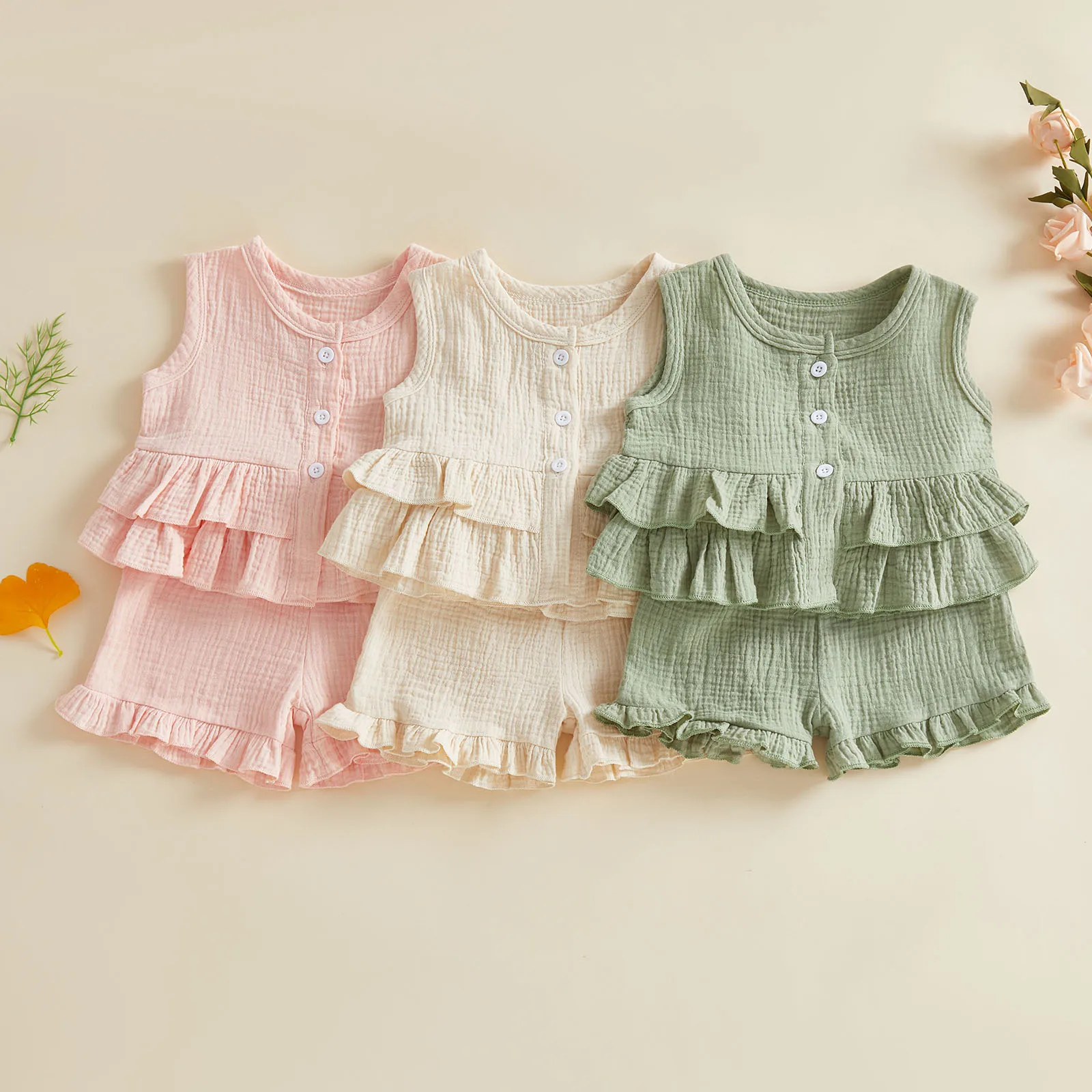 2Pcs Toddler Girls Summer Outfits Sleeveless Crew Neck Solid Color Ruffle Trim Decor Vest Tops Elastic Waist Shorts