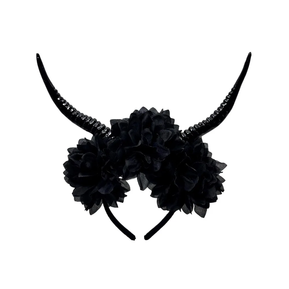 

Exaggerate Demon's Horn Headband Simulation Flowers Witch Hair Accessories Gothic Headpiece Festival Decorative Evil Queen