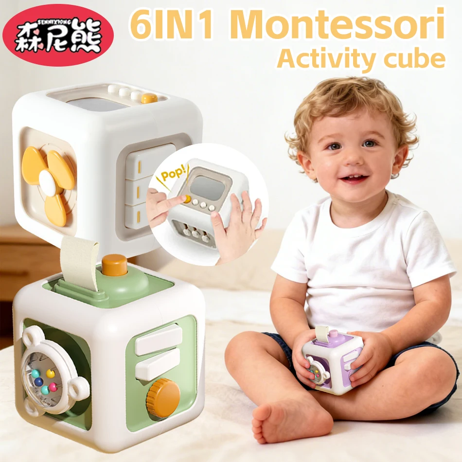 

SENNIXIONG 6IN1 Busy Cube Activity Board Hexahedron Practice Skill Montessori Sensory Early Education Toy for Toddler Baby Gift