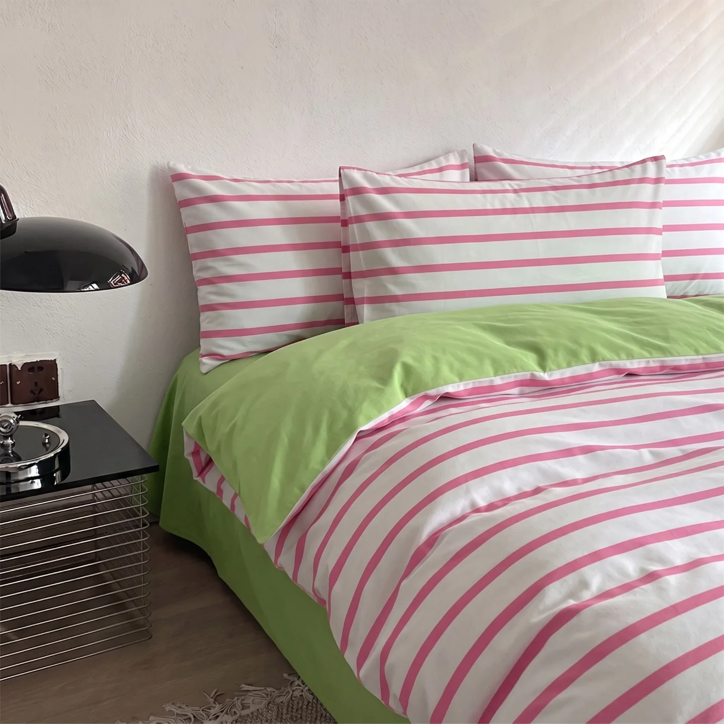 3/4PCS Bedding Set Iridescent Pink White Stripes Soft Comfortable Duvet Cover Set Sheet Set for Home Bedroom Deocr Birthday Gift