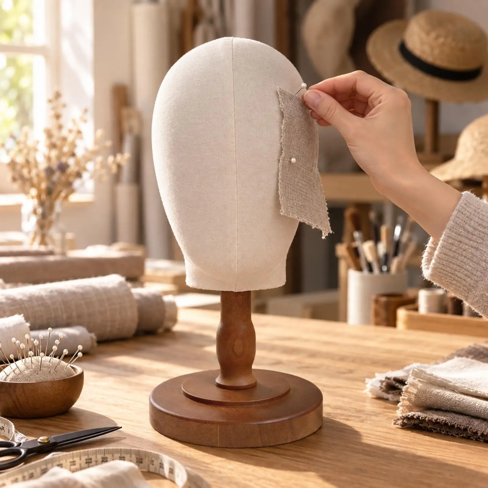 Mannequin Hat Display Stand with Round Wood Base for Headwear Showcase in Store