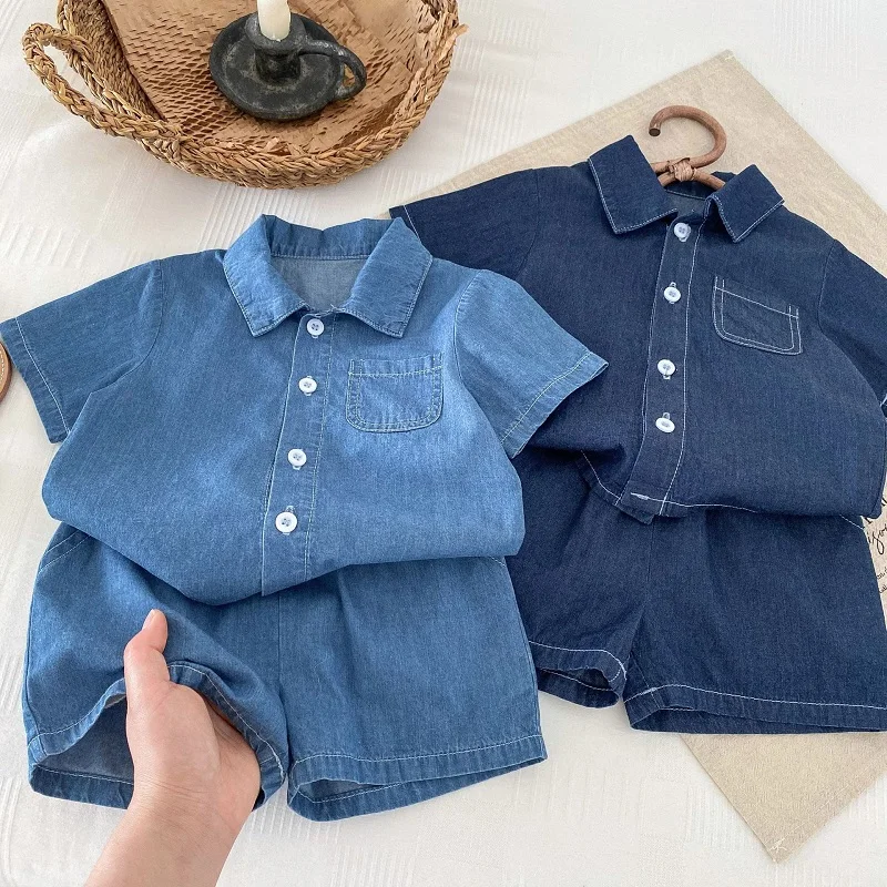 

Летний ковбойский кардиган для мальчиков, топ с короткими рукавами и шорты, однотонный карманный ковбойский комплект с короткими рукавами для девочек 1-6 лет