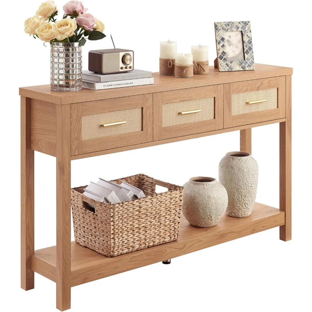 Mesa de console com 3 gavetas de vime, mesa de entrada boho com prateleira de armazenamento, mesa de sofá de madeira estreita, mesa de sofá de 2 camadas atrás