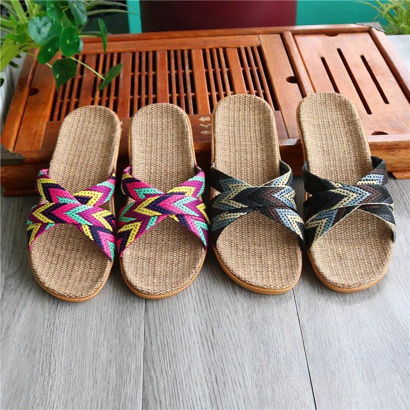 Linen slippers for women in summer indoor couple home anti slip thick soled home cool slippers for men in summer