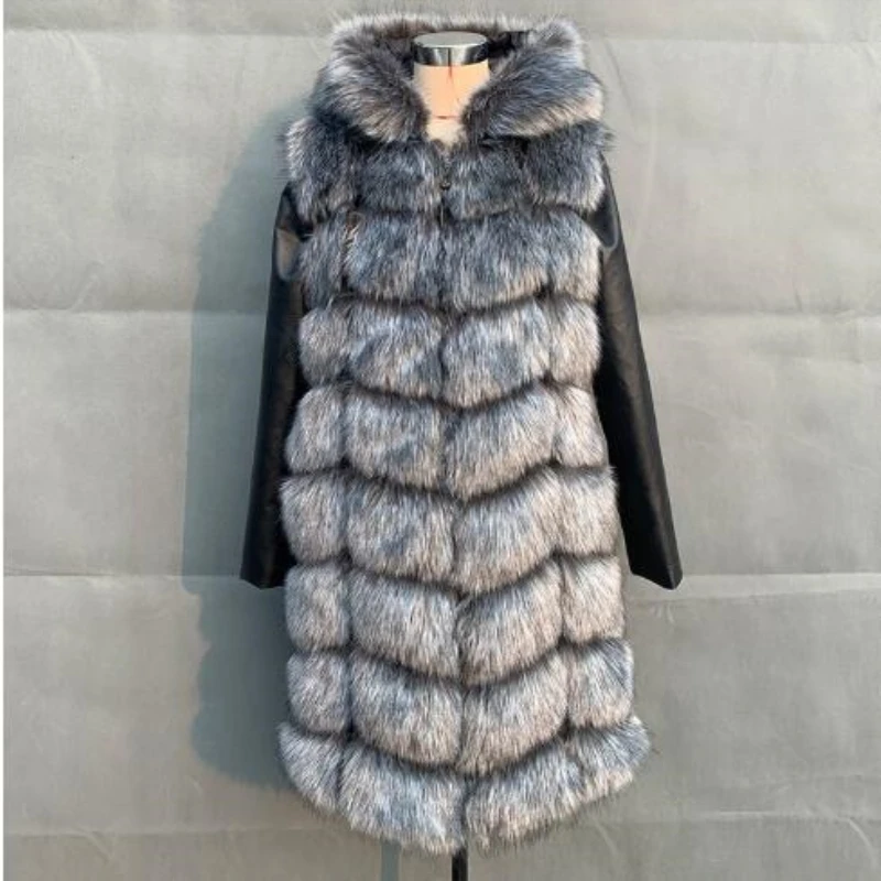 Winter Women PU Black Leather Removable Sleeve Fur Jacket With Hooded Long Faux Fox Fur Coat High Imitation Faux Fur Coat Jacket