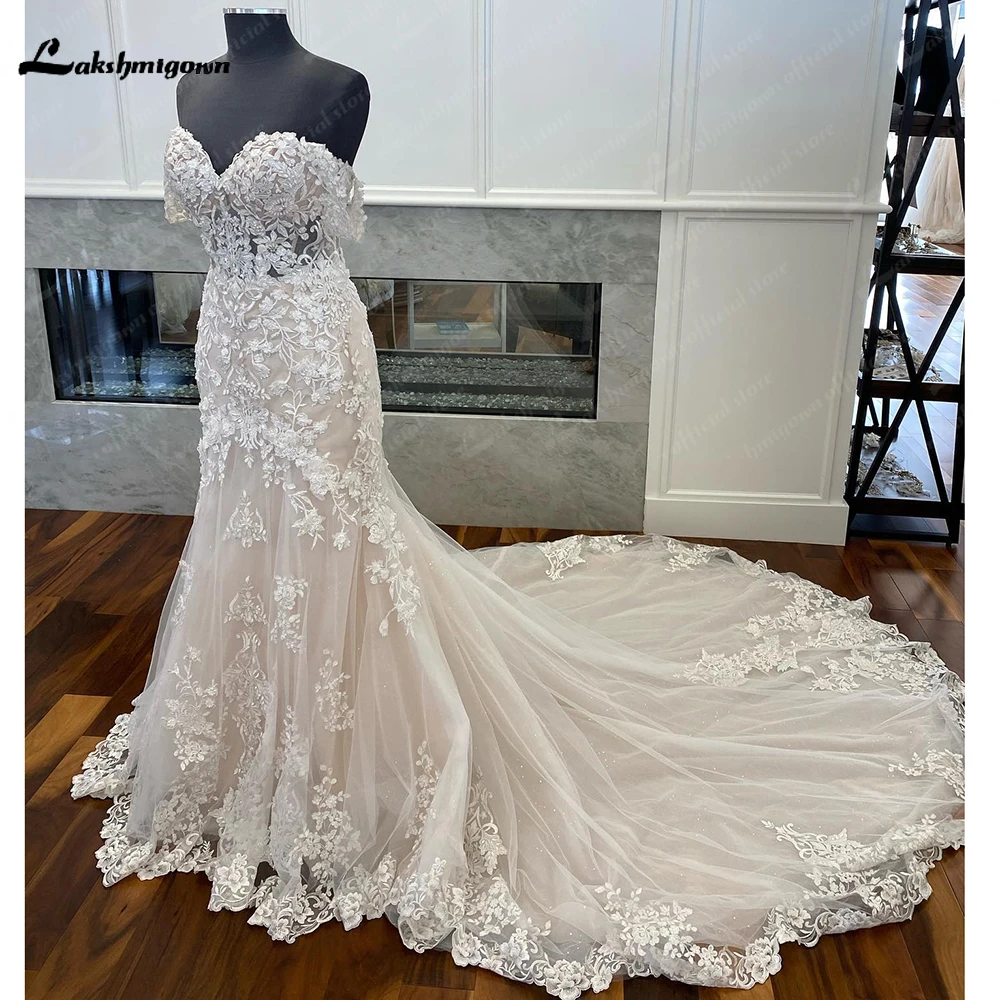 Light Champagne Off the Shoulder Mermaid Wedding Dress Lace Appliques Tulle Bridal Wedding Gowns vestido de casamento princesa