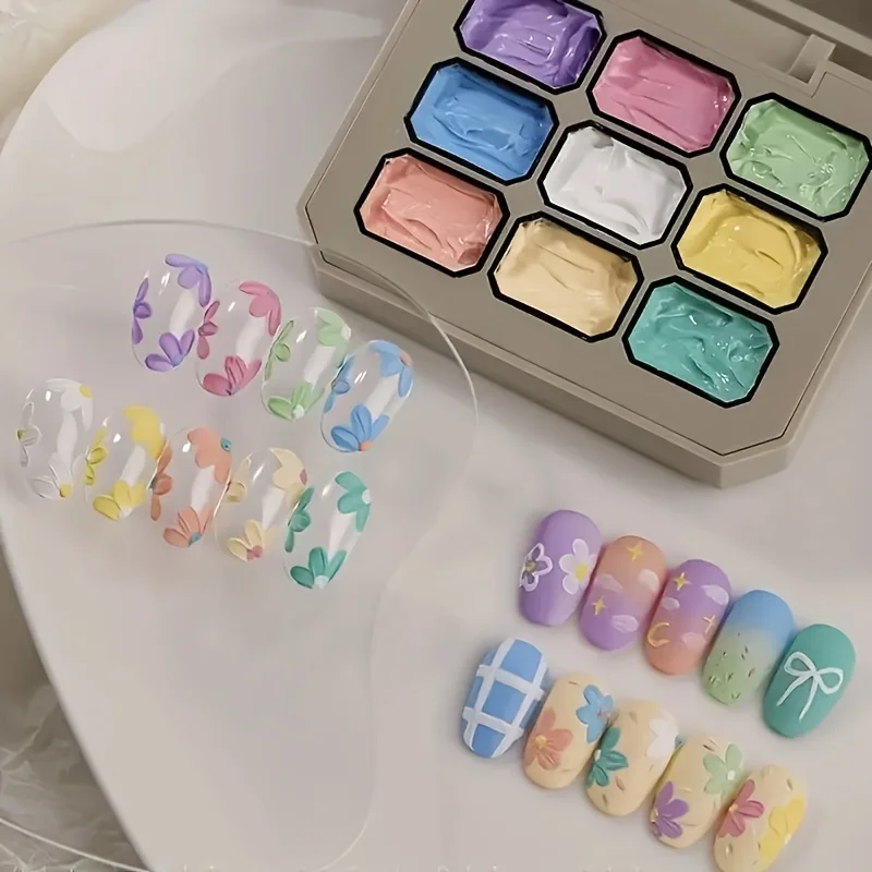 9색, 9칸 네일 폴리쉬 - 마카롱 유화 크림 스타일 - 무광 마감 - 3D 네일 아트 - 번짐 방지 두꺼운 젤 폴리쉬 - Ge